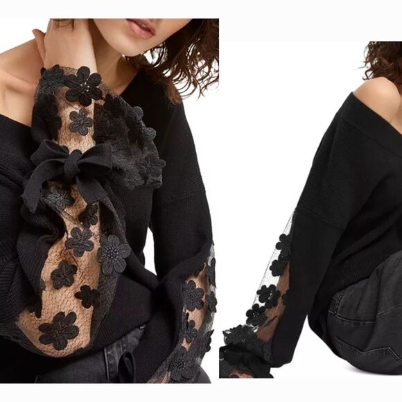 NWT|French Connection Blue/Black Caballo Floral Lace Sleeve Sweater, XS - Picture 3 of 12